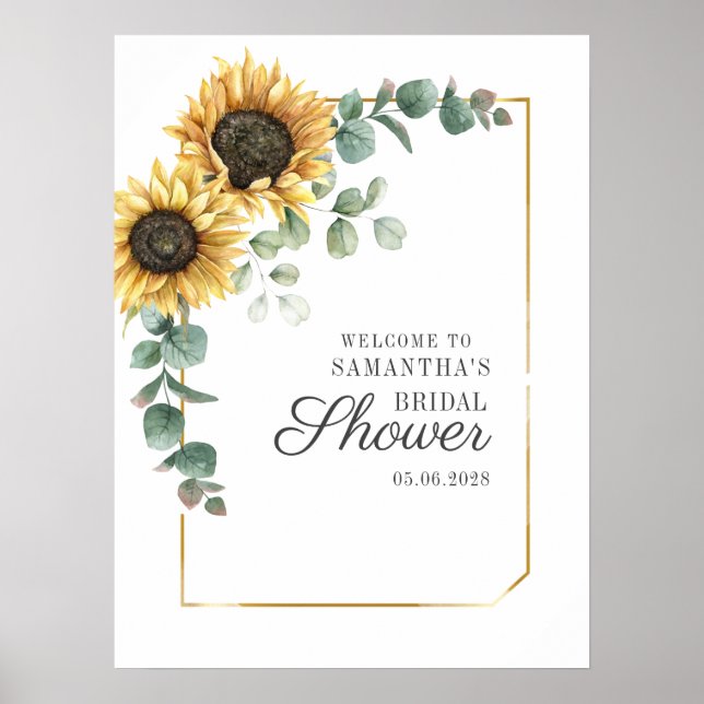 Sunflower Eucalyptus Leaves Script Bridal Shower Poster (Front)