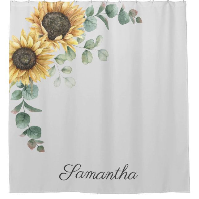 Sunflower Eucalyptus Leaves Script Monogram Shower Curtain (Front)