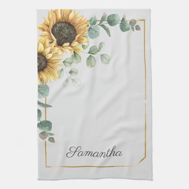 Sunflower Eucalyptus Leaves Script Monogram Tea Towel (Vertical)