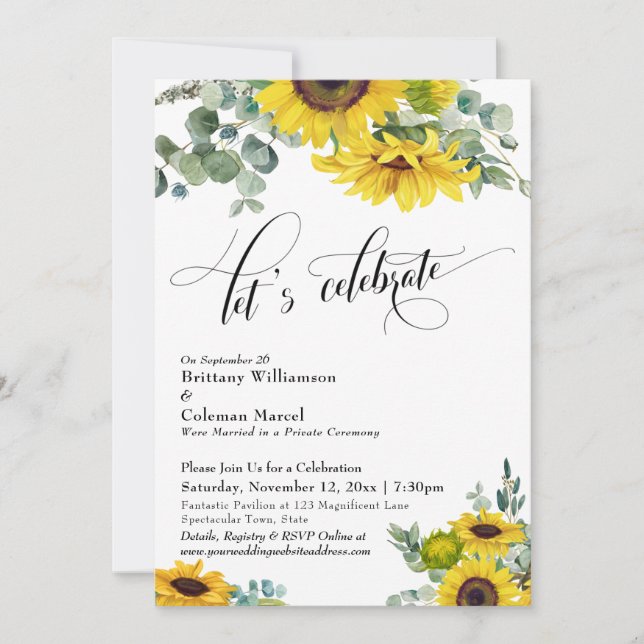 Sunflower Eucalyptus Let's Celebrate Reception Invitation (Front)