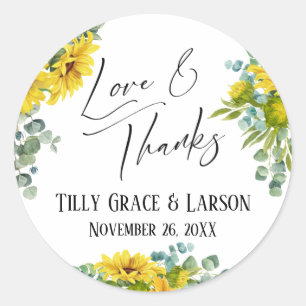 Sunflower Eucalyptus Love & Thanks Handwriting Classic Round Sticker