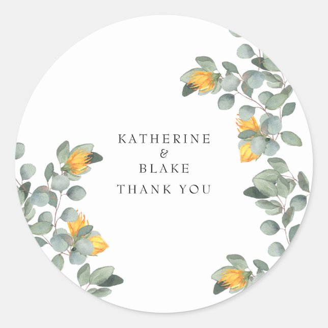 Sunflower & Eucalyptus Names Wedding Thank You Classic Round Sticker (Front)