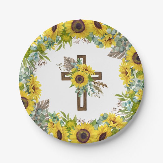Sunflower Eucalyptus Palm Boho Cross Baptism Paper Plate (Front)