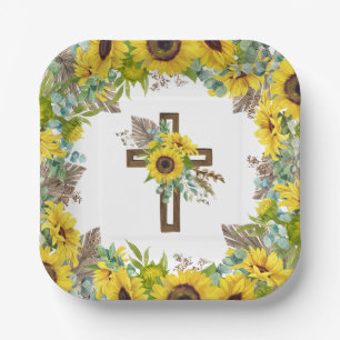 Sunflower Eucalyptus Palm Boho Square Baptism Paper Plate