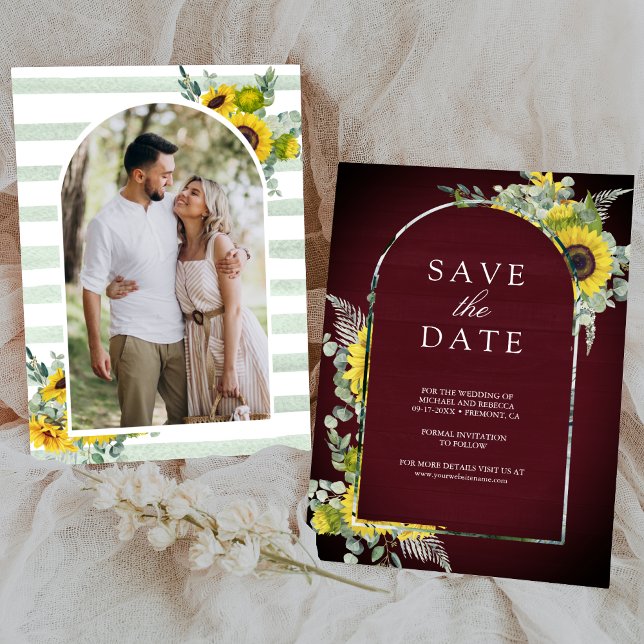 Sunflower Eucalyptus Photo Burgundy Wedding Save The Date (Creator Uploaded)