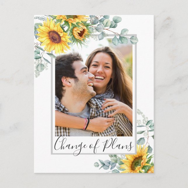 Sunflower Eucalyptus PHOTO Wedding Change of Plans Postcard (Front)