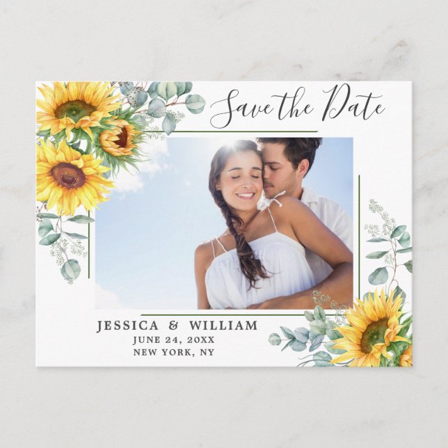 Sunflower Eucalyptus PHOTO Wedding Save the Date Postcard (Front)