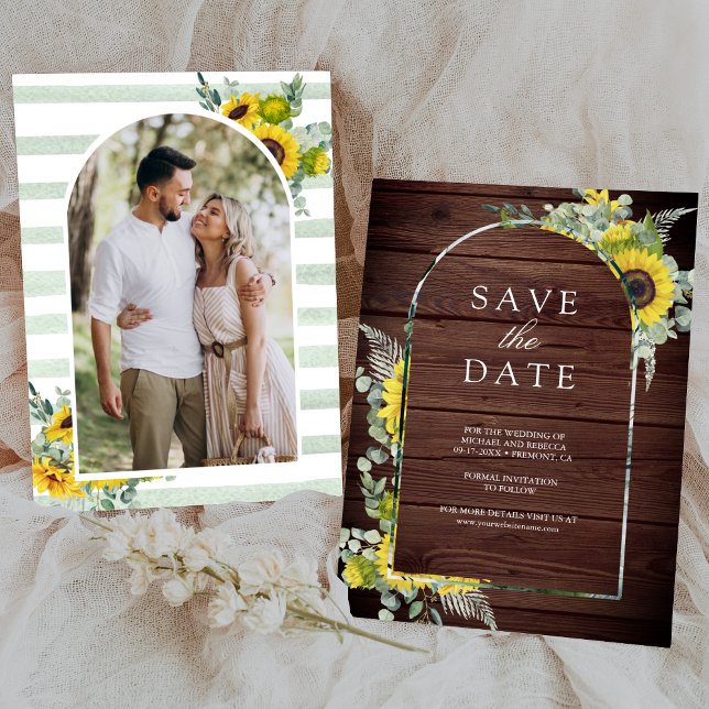 Sunflower Eucalyptus Photo Wood Wedding Save The Date (Creator Uploaded)