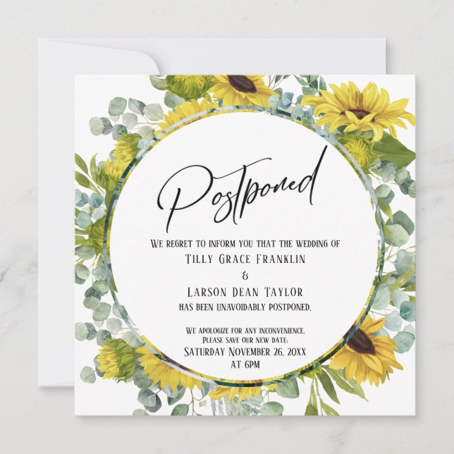 Sunflower Eucalyptus Postponed Wedding Card (Front)