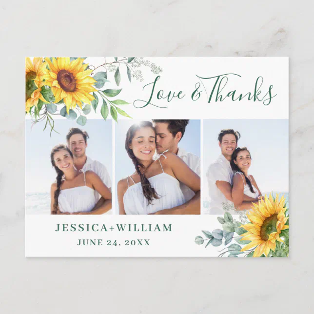 Sunflower Eucalyptus Rustic Thank You 3 PHOTO Postcard | Zazzle