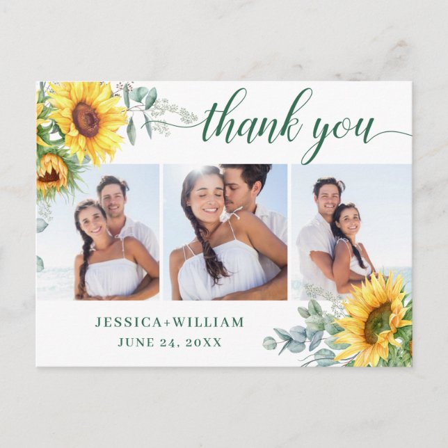 Sunflower Eucalyptus Rustic Thank You 3 PHOTO Postcard (Front)