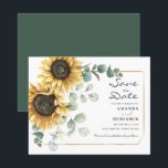 Sunflower Eucalyptus Save The Date Announcement<br><div class="desc">Create a modern Sunflower Floral save the date budget card with this cute template featuring beautiful rustic floral bouquet, geometric gold effect frame, with modern simple typography. TIP: Matching wedding suite cards like RSVP, wedding programs, banners, tapestry, gift tags, signs, and other wedding keepsakes and goodies are available in the...</div>