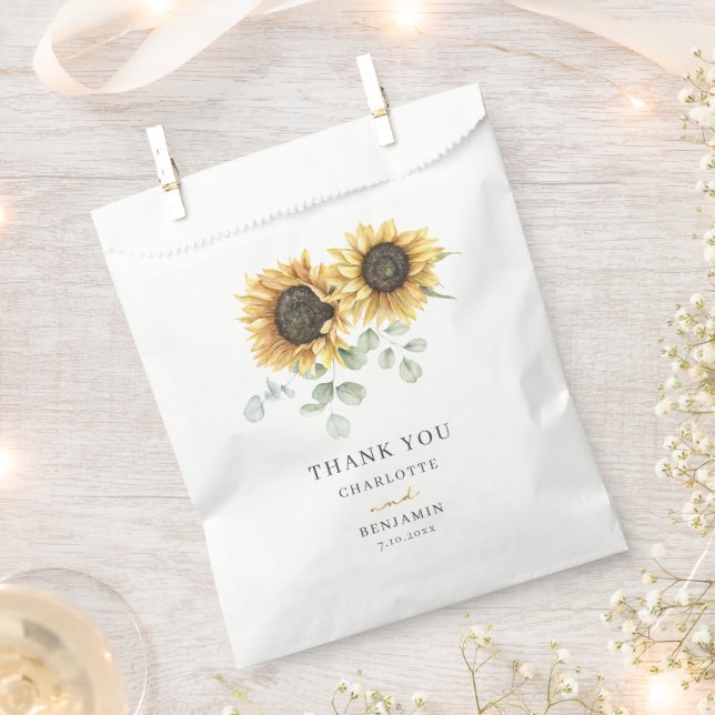 Sunflower Eucalyptus Script Floral Wedding Favour Bag (Clipped)
