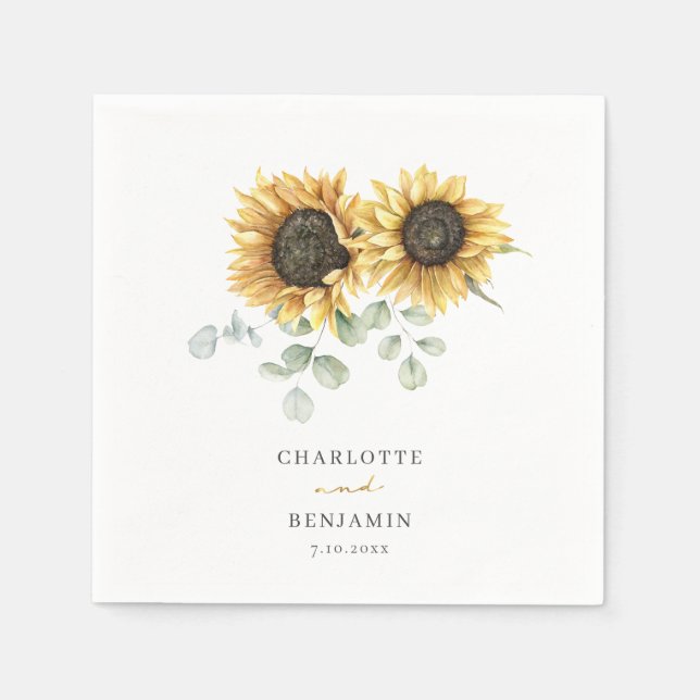 Sunflower Eucalyptus Script Floral Wedding Paper Napkin (Front)