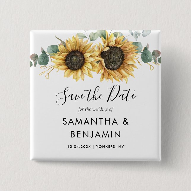 Sunflower Eucalyptus Script Wedding Save the Date 15 Cm Square Badge (Front)