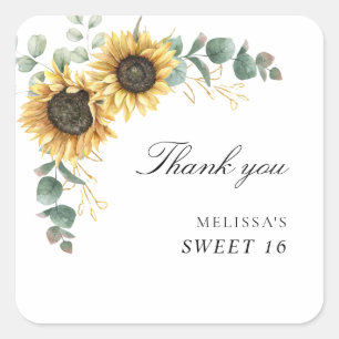 Sunflower Eucalyptus Sweet 16 Party Thank You Square Sticker