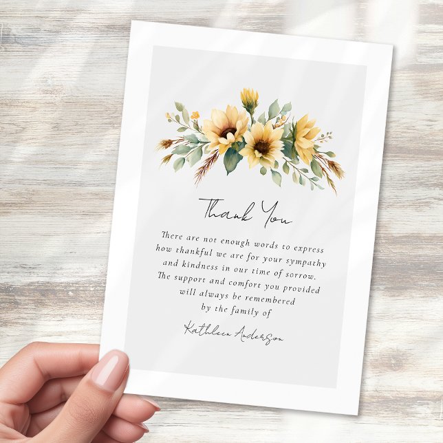 Sunflower Eucalyptus Sympathy Funeral Thank You Card (Creator Uploaded)