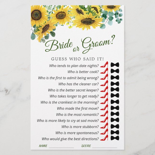 Sunflower Eucalyptus Watercolor Bridal Shower Game (Front)