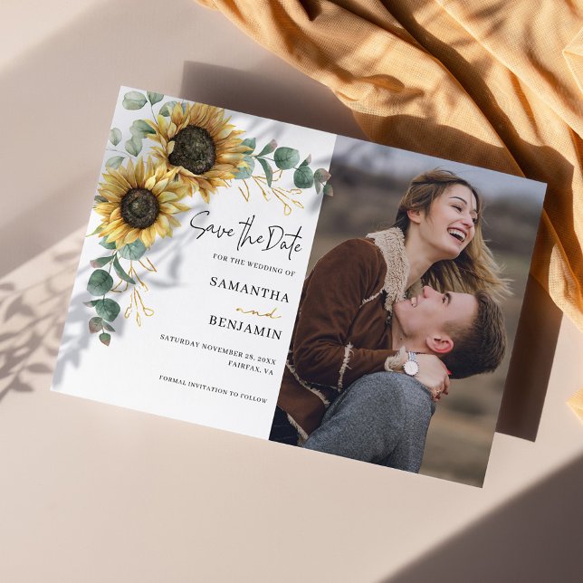 Sunflower Eucalyptus Watercolor Photo Wedding Save The Date (Sunflower Eucalyptus Script Photo Wedding Save the Date Announcement)