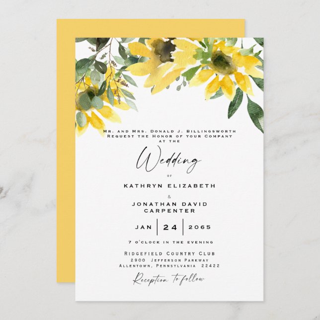 Sunflower Eucalyptus Watercolor & Yellow Invitation (Front/Back)