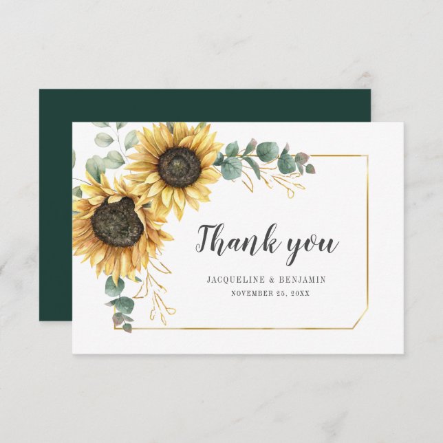 Sunflower Eucalyptus Wedding Day Floral Thank You Card (Front/Back)