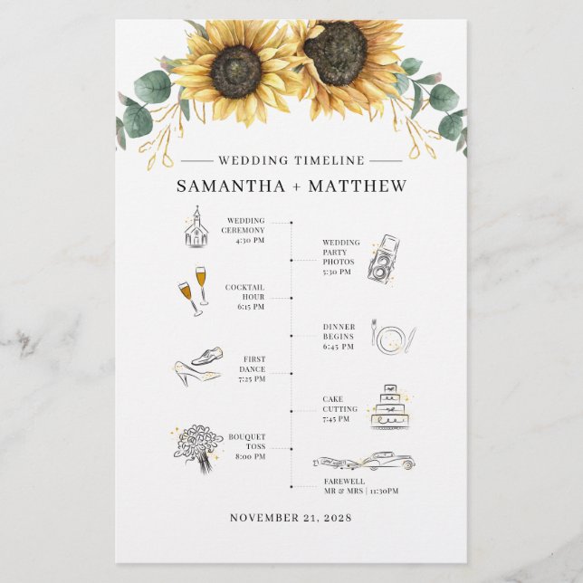 Sunflower Eucalyptus Wedding Itinerary Program Stationery (Front)