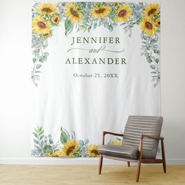 Sunflower Eucalyptus Wedding Photo Backdrop Tapestry (In Situ)