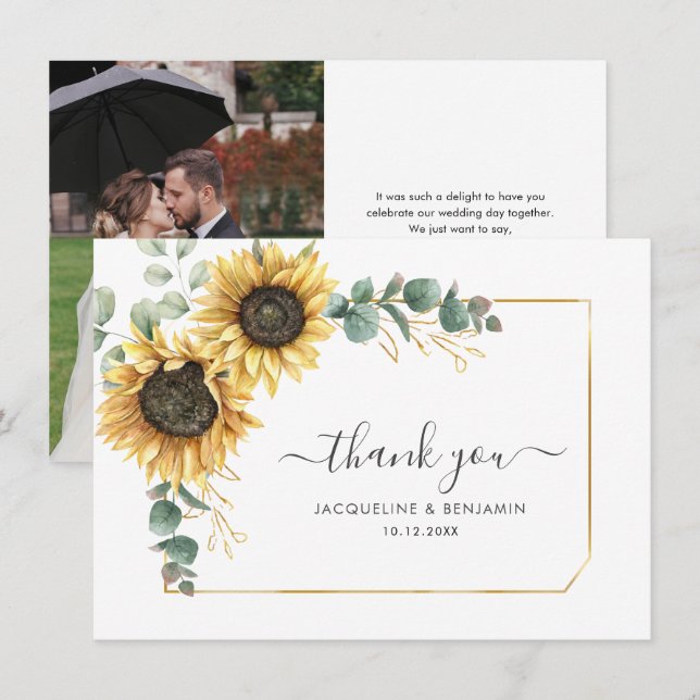 Sunflower Eucalyptus Wedding Photo Thank You Card (Front/Back)