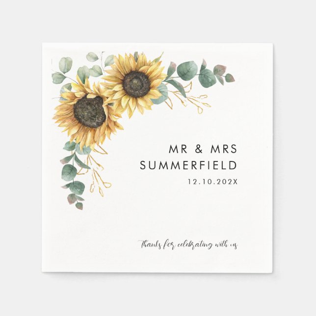 Sunflower Eucalyptus Wedding Reception Paper Napkin (Front)