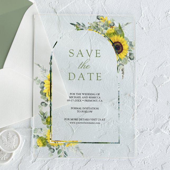 Sunflower Eucalyptus Wedding Save the Date Acrylic Invitations (Creator Uploaded)