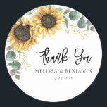 Sunflower Eucalyptus Wedding Script Thank You Classic Round Sticker<br><div class="desc">Create a modern Sunflower Floral thank you favour sticker with this cute template featuring beautiful rustic floral bouquet, greenery, with modern simple typography. TIP: Matching wedding suite cards like RSVP, wedding programs, banners, tapestry, gift tags, signs, and other wedding keepsakes and goodies are available in the collection below featuring this...</div>
