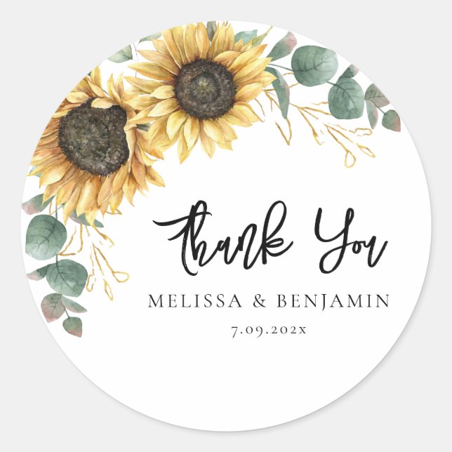 Sunflower Eucalyptus Wedding Script Thank You Classic Round Sticker (Front)