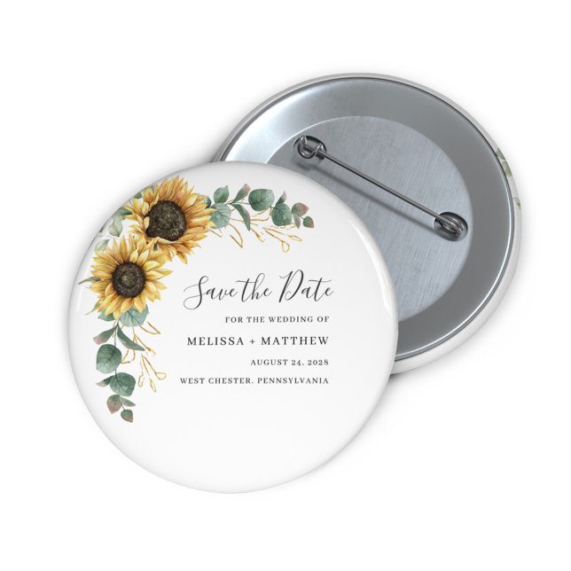 Sunflower Eucalyptus Yellow Floral Save The Date Magnet (Floral Sunflower Eucalyptus Script Wedding Save the Date Button)