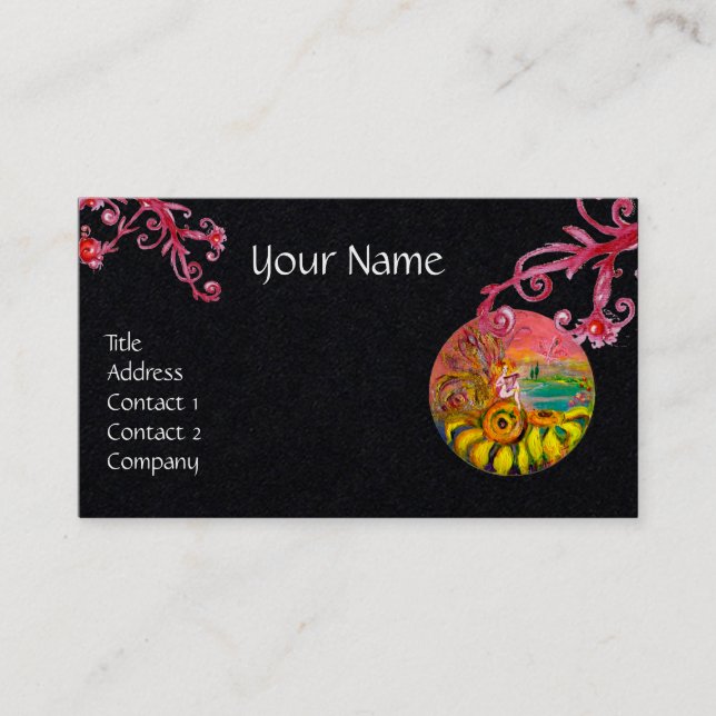 SUNFLOWER FAIRY ,Purple Red Flourishes Black Paper Business Card (Front)
