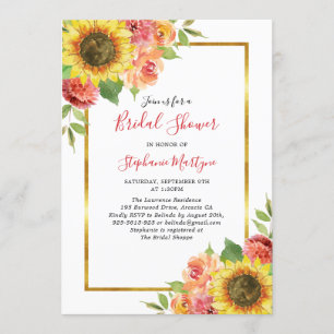 Sunflower Fall Floral Gold Border Bridal Shower Invitation
