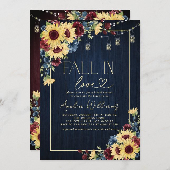 Sunflower Fall in Love Navy Watercolor Floral Invitation (Front/Back)
