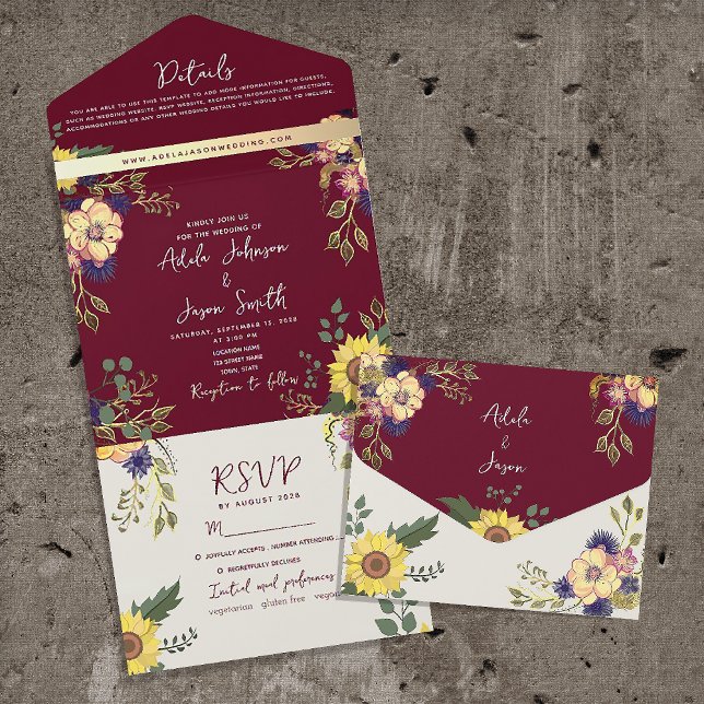 Sunflower Fall Wildflower Burgundy Wedding All In One Invitation (Creator Uploaded)