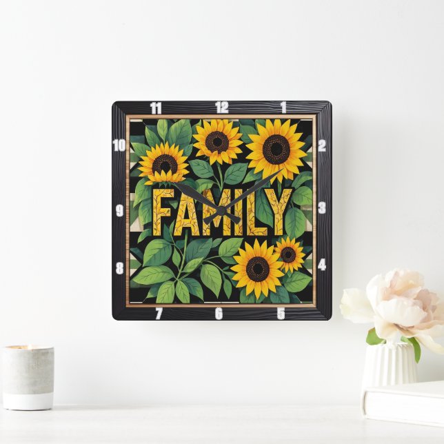 Sunflower Family Rustic Text Design Square Wall Clock (Home)