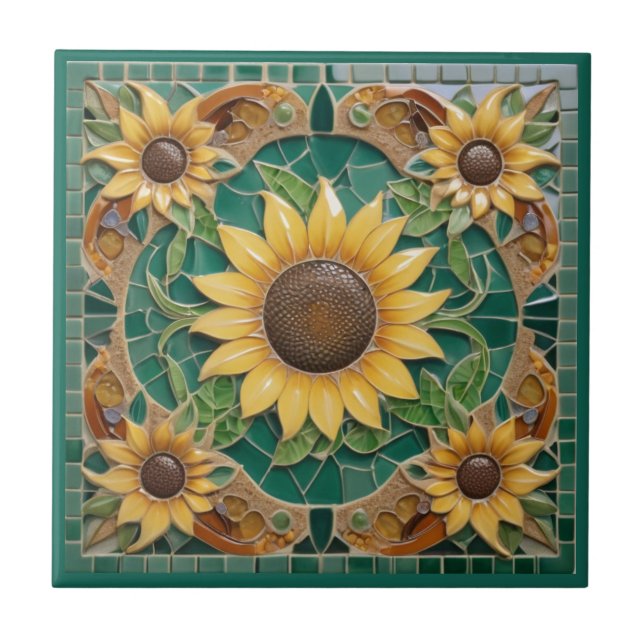 Sunflower Faux Mosaic Dark Green Ceramic Tile (Front)