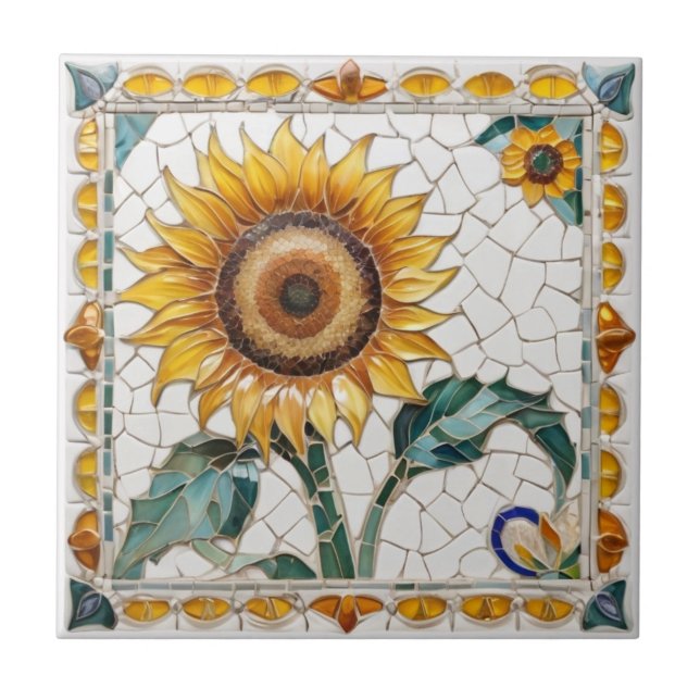 Sunflower Faux Mosaic White Ceramic Tile (Front)