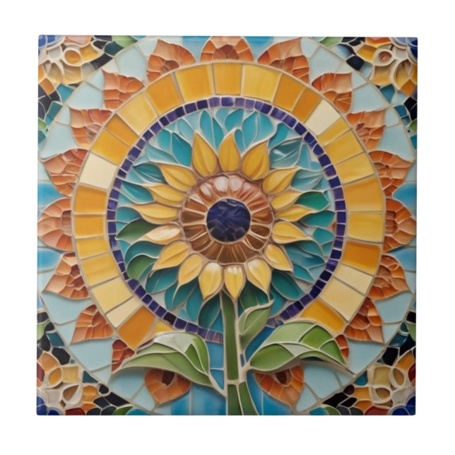 Sunflower Faux Mosaic with Sunny Sun Ceramic Tile (Front)