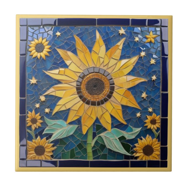 Sunflower Faux Mosaic Yellow Sunflowers Navy Blue Ceramic Tile (Front)