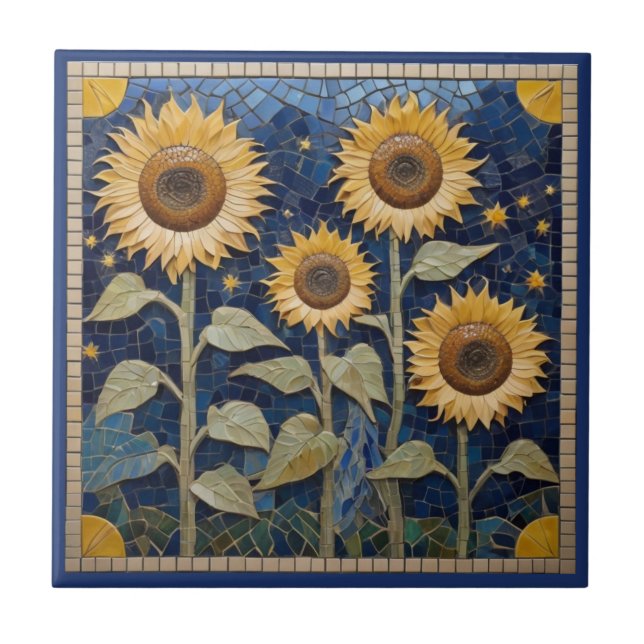 Sunflower Faux Mosaic Yellow Sunflowers Navy Blue Ceramic Tile (Front)