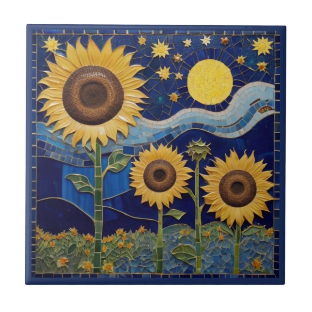 Sunflower Faux Mosaic Yellow Sunflowers Navy Blue Ceramic Tile (Front)
