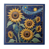 Sunflower Faux Mosaic Yellow Sunflowers Navy Blue