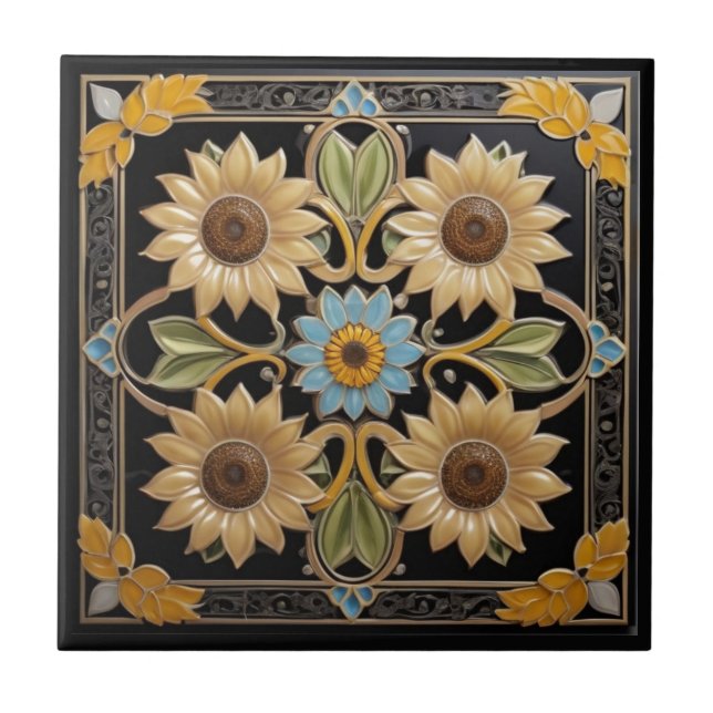 Sunflower Faux Relief Folk Art Yellow and Black Ceramic Tile (Front)