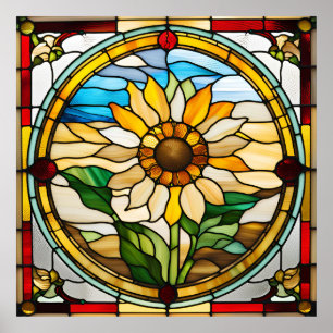 Sunflower Faux Stained Glass 5' Round Rug Poster