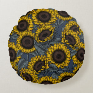 Sunflower field 2 round cushion