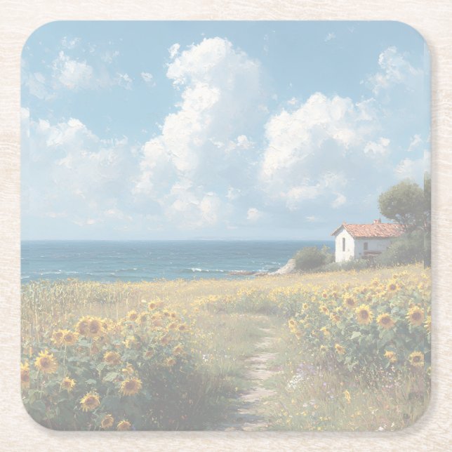 Sunflower Field Path to the Sea | Acrylic   Square Paper Coaster (Front)