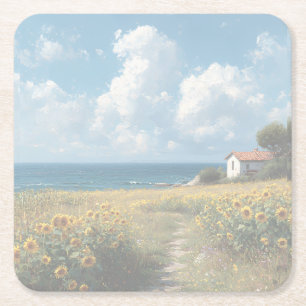 Sunflower Field Path to the Sea Watercolor Square Paper Coaster